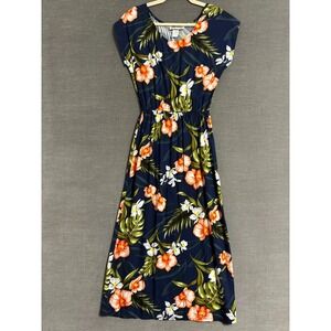 Vintage Milson Dress S Blue Hawaiian Tropical Floral Midi Resort Beach Travel